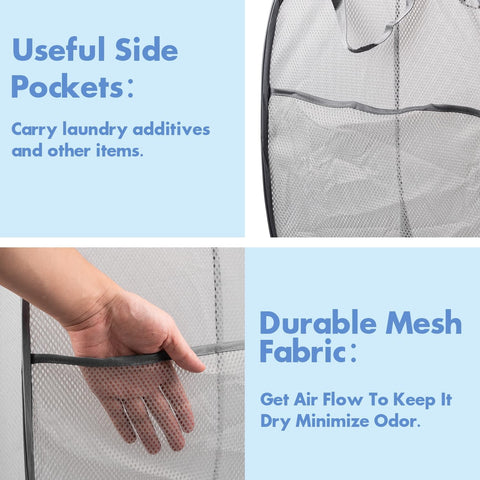 2 Pack Pop Up Laundry Hampers, 70 L Collapsible Foldable Mesh Basket, Gray