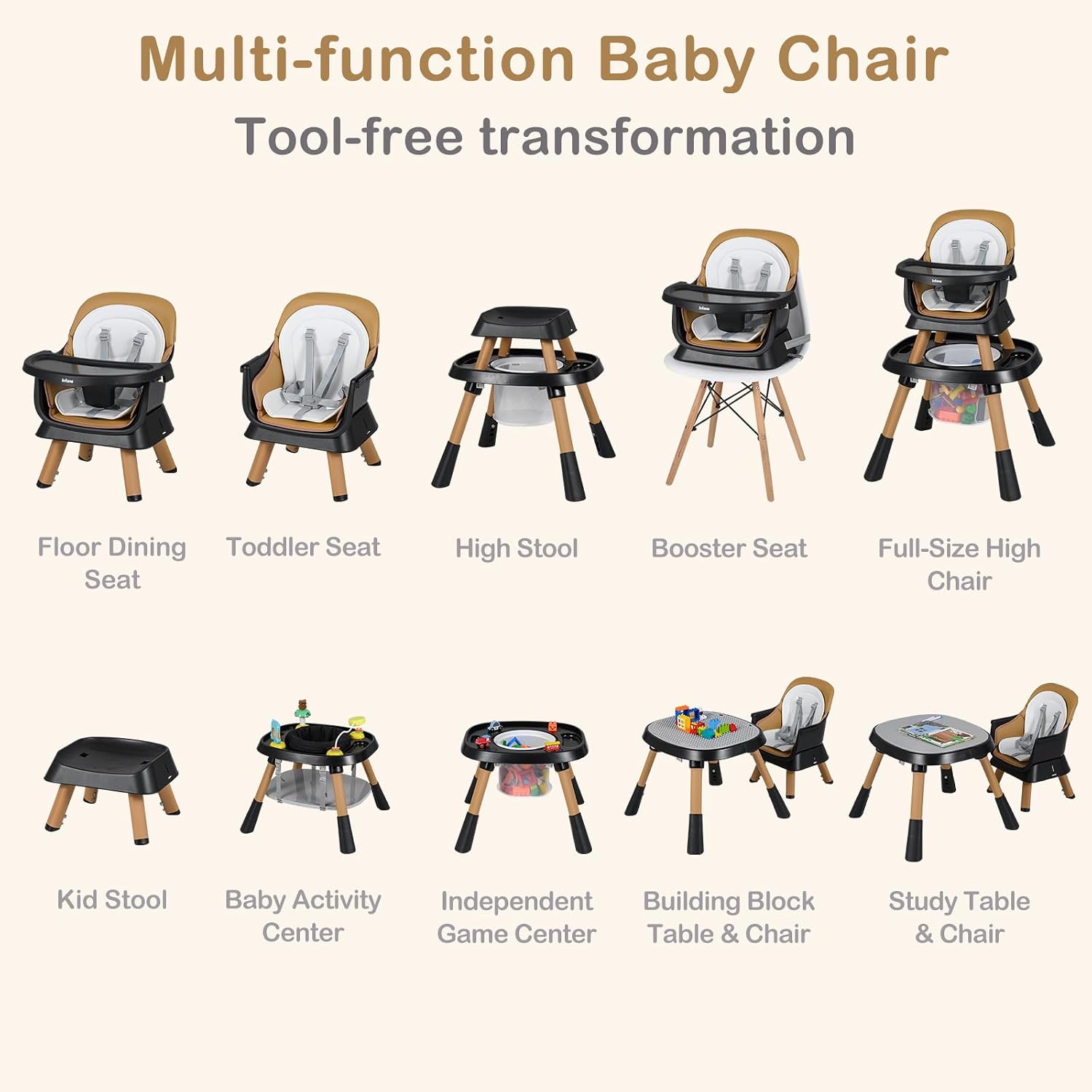 INFANS 9 in 1 High Chair, Convertible Baby Highchair for Babies and Toddlers, Table and Chair Set Building Block Infant Dining Booster Seat, Kids Stool with Activity Children Play Kitchen (Brown)