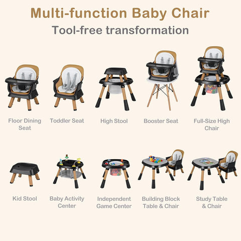INFANS 9 in 1 High Chair, Convertible Baby Highchair for Babies and Toddlers, Table and Chair Set Building Block Infant Dining Booster Seat, Kids Stool with Activity Children Play Kitchen (Brown)