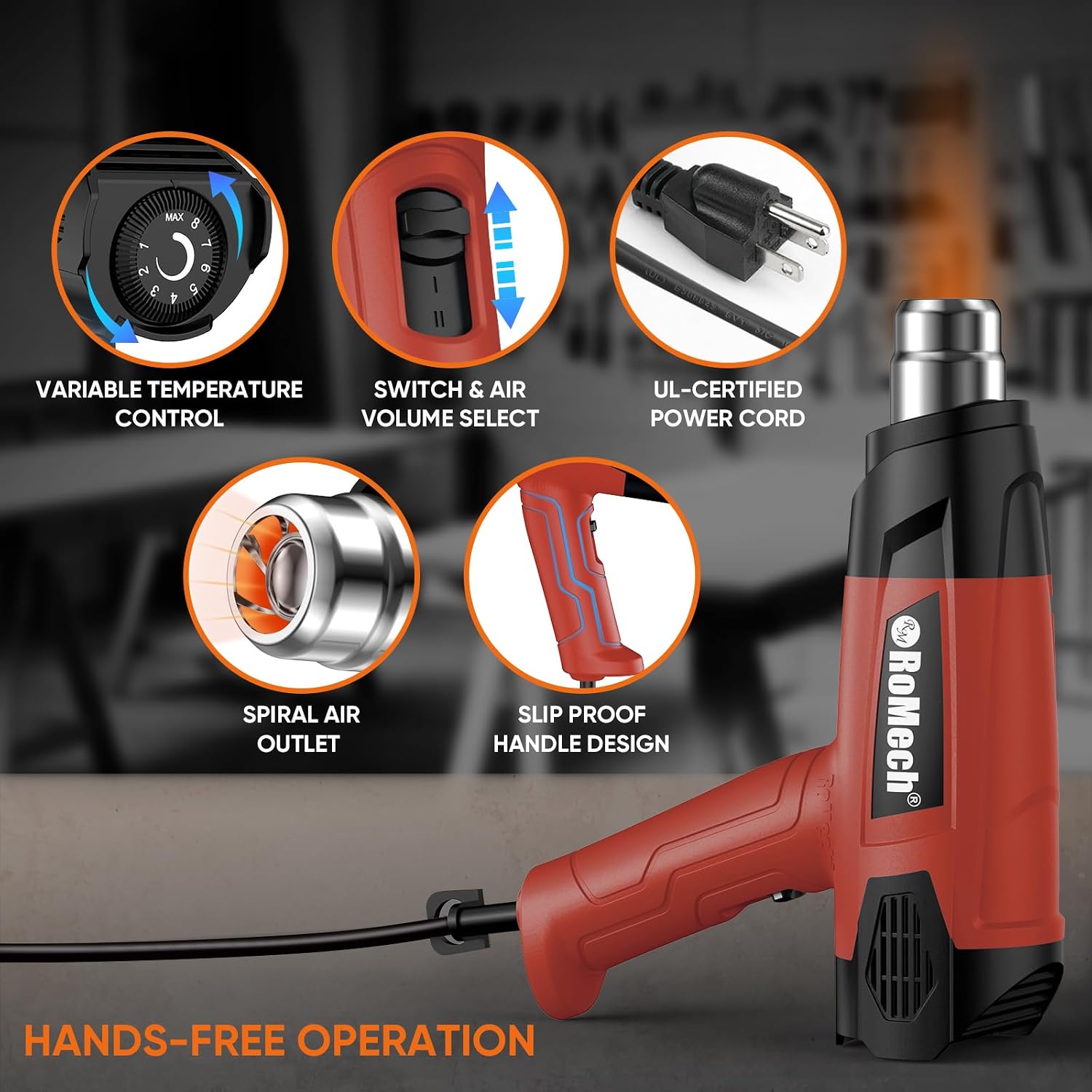 ROMECH Heat Gun, Heavy Duty Fast Heating, Variable Control 120°F~1200°F (50℃-500℃) 4 Nozzles Heat Gun for Crafting, Shrink Tubing,Vinyl Wrap (Red)
