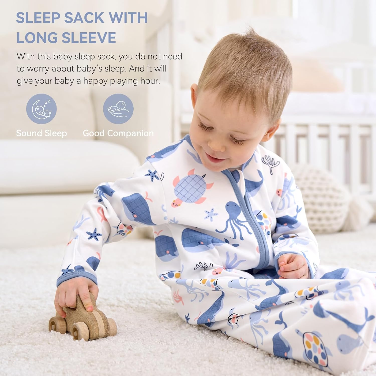 Baby Sleep Sack 0-6 Months, Long Sleeve Baby Wearable Blanket 0.5 Tog with Mittens, 2-Way Zipper Newborn Cotton Sleeping Sack for Boy and Girl Blue Whale 2 Pack (Small)