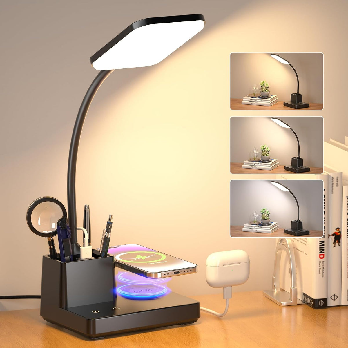 Wireless Charging Desk Lamp USB Charging & Pen Holder, Matte Black