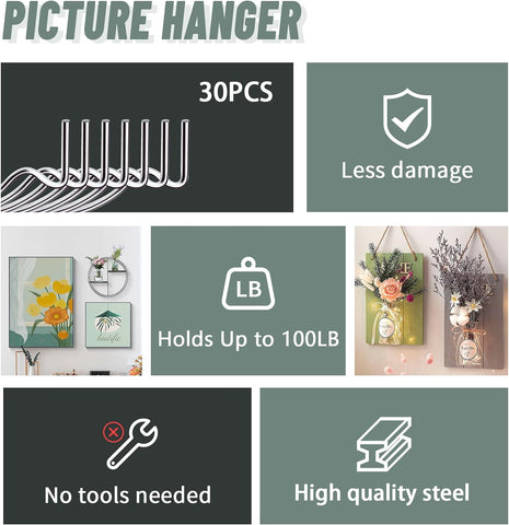 FURHUA 30pcs Super Hook Picture Hangers, Drywall Hooks for Hanging Pictures, Wall Hooks, Picture Hanging Kit，Hang Shelves, Mirrors, Art, Clock