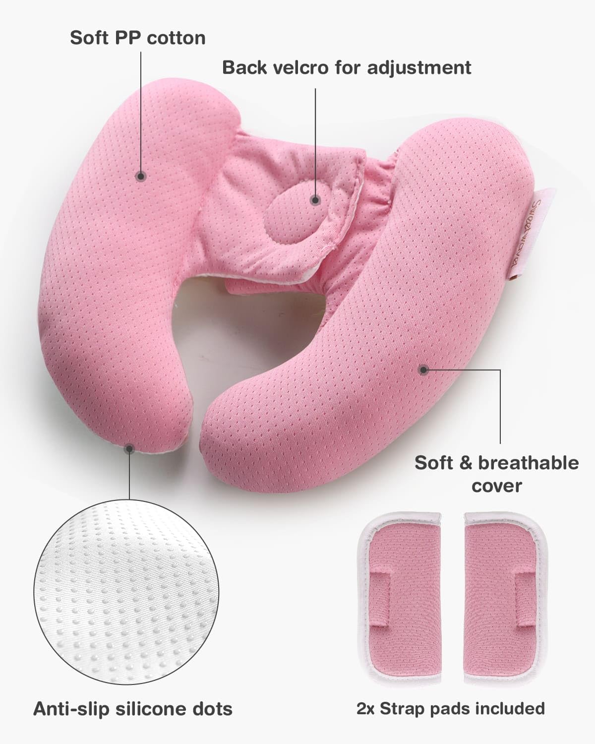 Baby Neck Pillow for Car Seat and Stroller, Adjustable Baby Head Support Pillow for Travel, Soft and Cushiony Torticollis Pillows for Infant and Newborn (Pink)