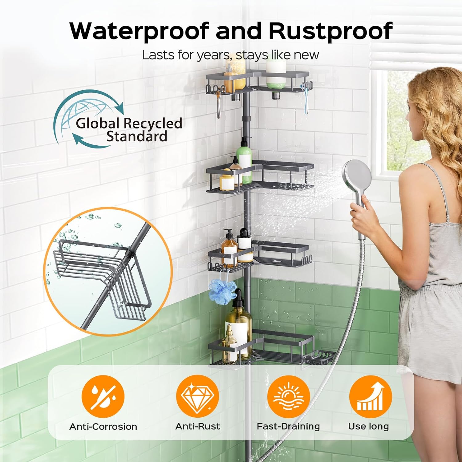 HAMITOR Corner Shower Caddy, 4-Tier Shampoo Shelf Tension Pole, 47-123 inch