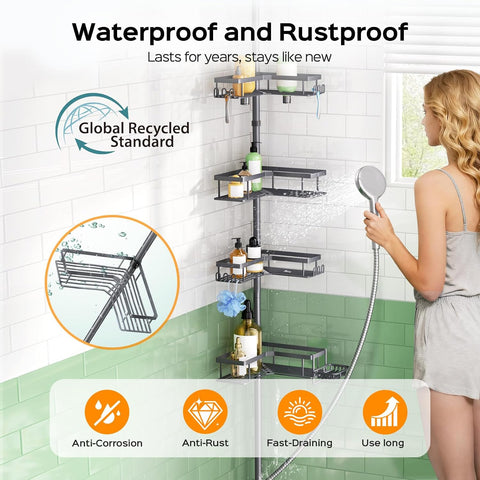 HAMITOR Corner Shower Caddy, 4-Tier Shampoo Shelf Tension Pole, 47-123 inch