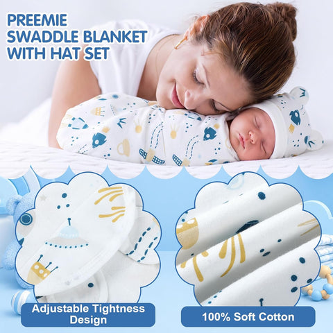 Buryeah 4 Pack Preemie Swaddle Blankets with Hats, Preemie, Space, Blue