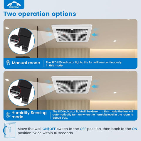 Tech Drive Bathroom Fan with Humidity Sensor,110 CFM,4 Inch Duct