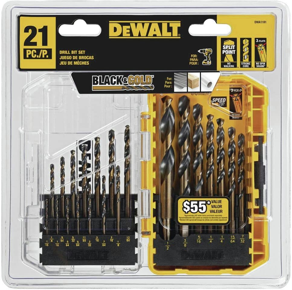 DEWALT Drill Bit Set, 21 Pc High Speed Steel DEWALT Bits, Black and Gold Oxide Coated, 135 Degree Split Point, 31 Degree Helix (DWA1181)