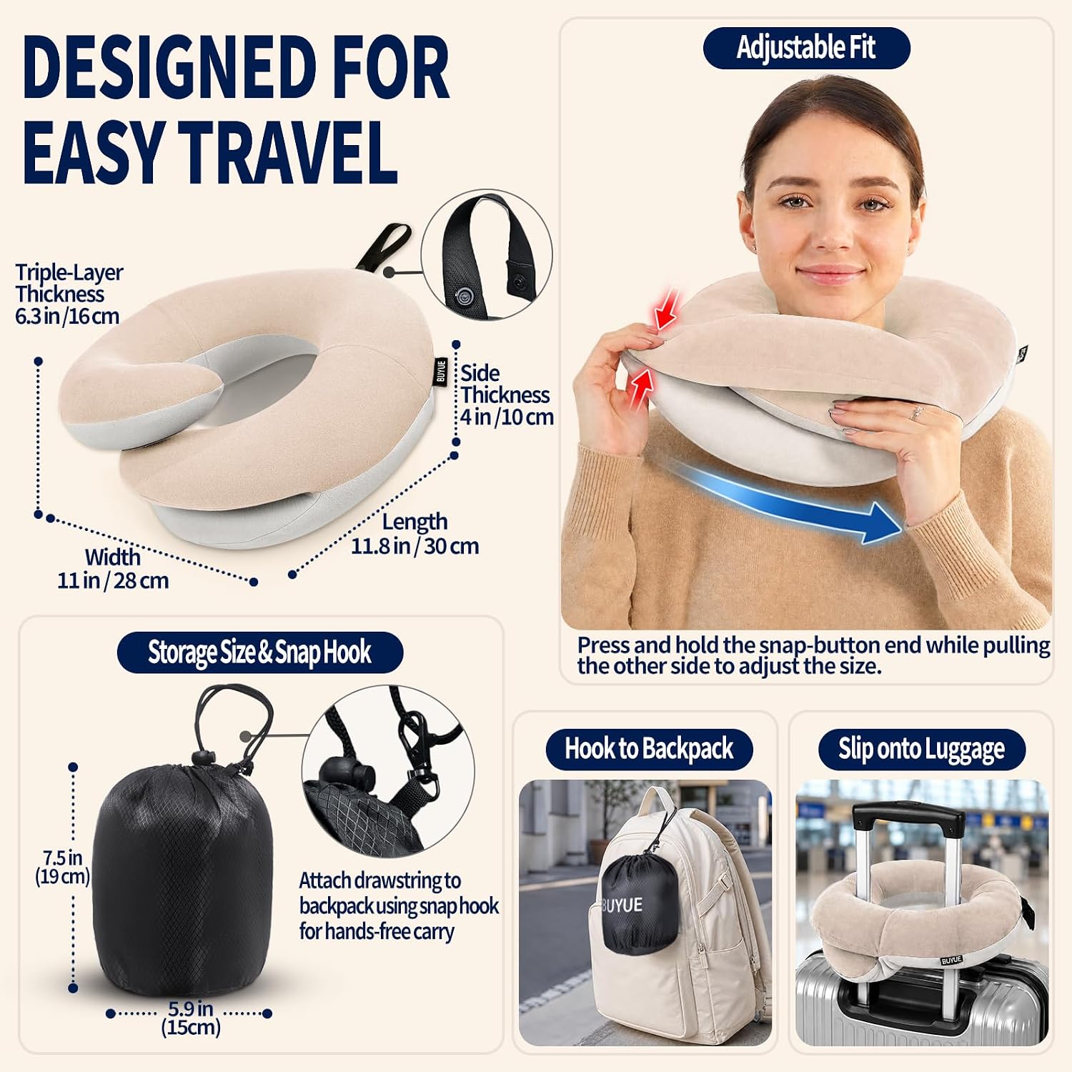 BUYUE Travel Neck Pillows for Airplanes, Memory Foam 360° Head Support Sleep for Long Flight, Skin-Friendly & Breathable, Kit with Eye Mask, Earplugs and Storage Bag (Adult, Beige, 90+ lbs)