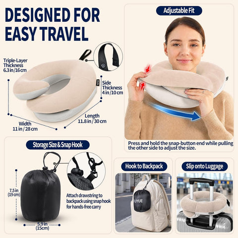 BUYUE Travel Neck Pillows for Airplanes, Memory Foam 360° Head Support Sleep for Long Flight, Skin-Friendly & Breathable, Kit with Eye Mask, Earplugs and Storage Bag (Adult, Beige, 90+ lbs)