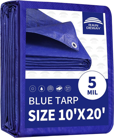 RAINDEWAY Tarps 10x20 Feet 5 Mil Blue Waterproof Multipurpose Tarp