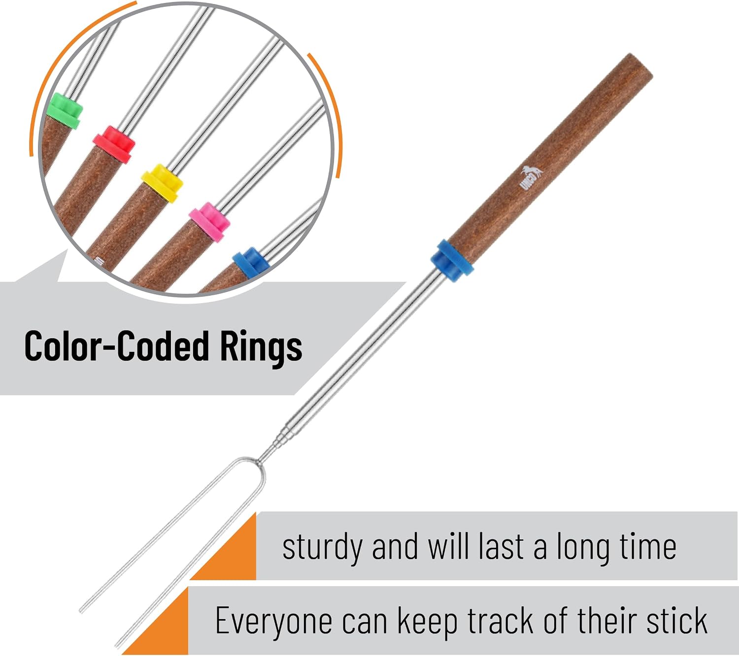 UNCO- Marshmallow Roasting Sticks, 32”, 5 Pack, Dark Brown Wooden Handle, Extendable Stainless Steel Smores Sticks for Fire Pit, Smores Skewers, Campfire Cooking Equipment
