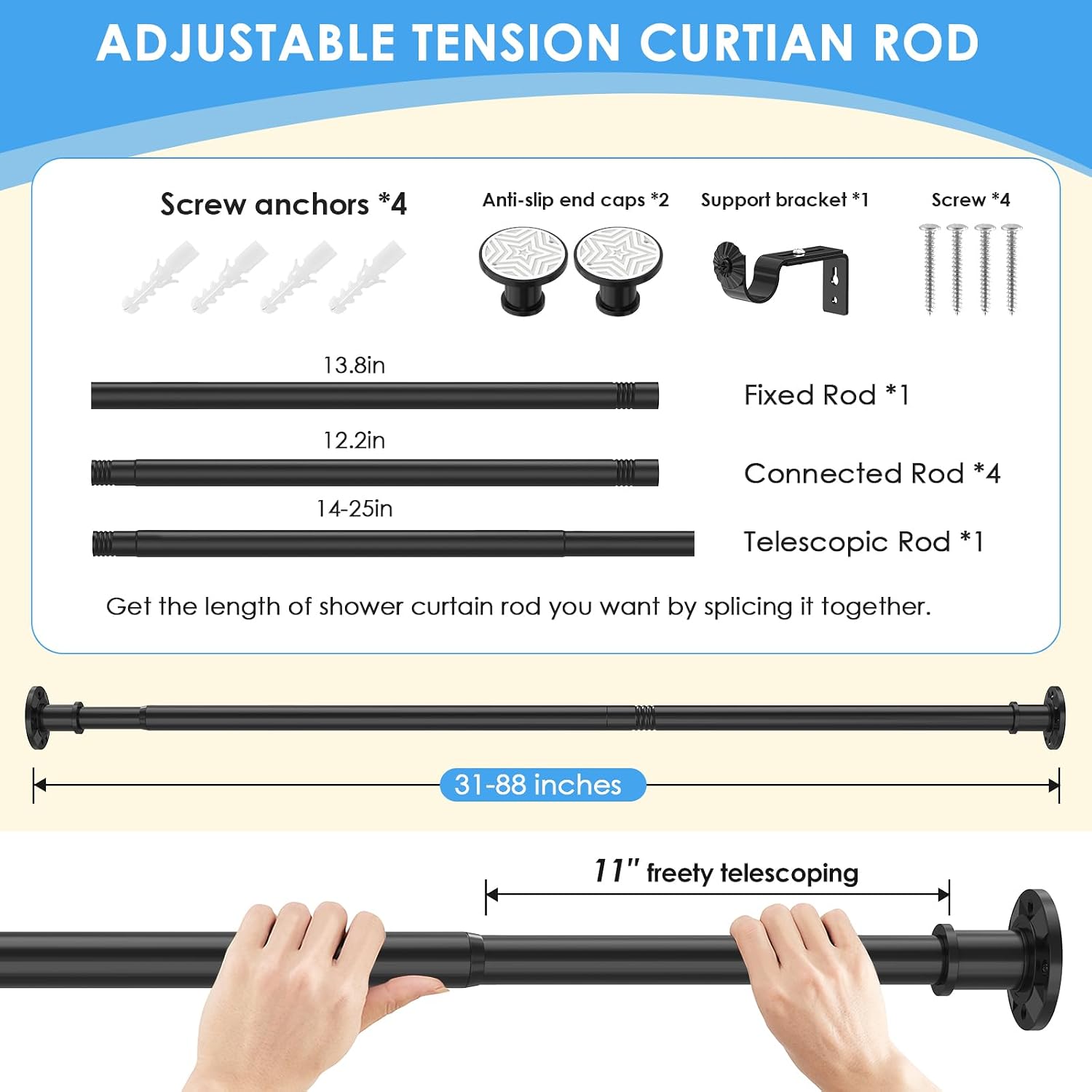 Tension Curtain Rod 31-88 inch Black Shower Curtain Rods for Bathroom Adjustable Curtain Rods No Drilling for Windows Spring Rod for Closet Tension Or Screw Mount Easy Install Non Slip, No Rust