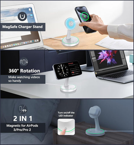 Magnetic Wireless Charger Stand 15W Fast Mag-Safe Charger for iPhone 17 /17 pro/ 17 Air/ 17 pro max 16/15/14/13/12 Series Magnet Wireless Charging Station/Pad with Sleep-Friendly Light for AirPods