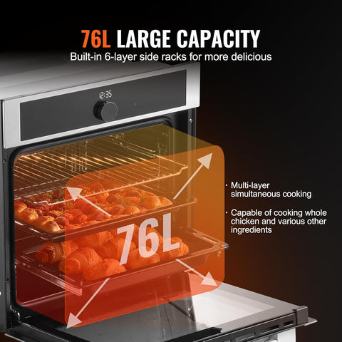 VEVOR Single Wall Oven, 24" Electric Built-in Wall Oven with 16 Cooking Functions, 2.68 Cu.Ft Electric Wall Ovens with Timer, 3150W 76L Large Capacity Ovens with Baking Rack and Tray, for Kitchen
