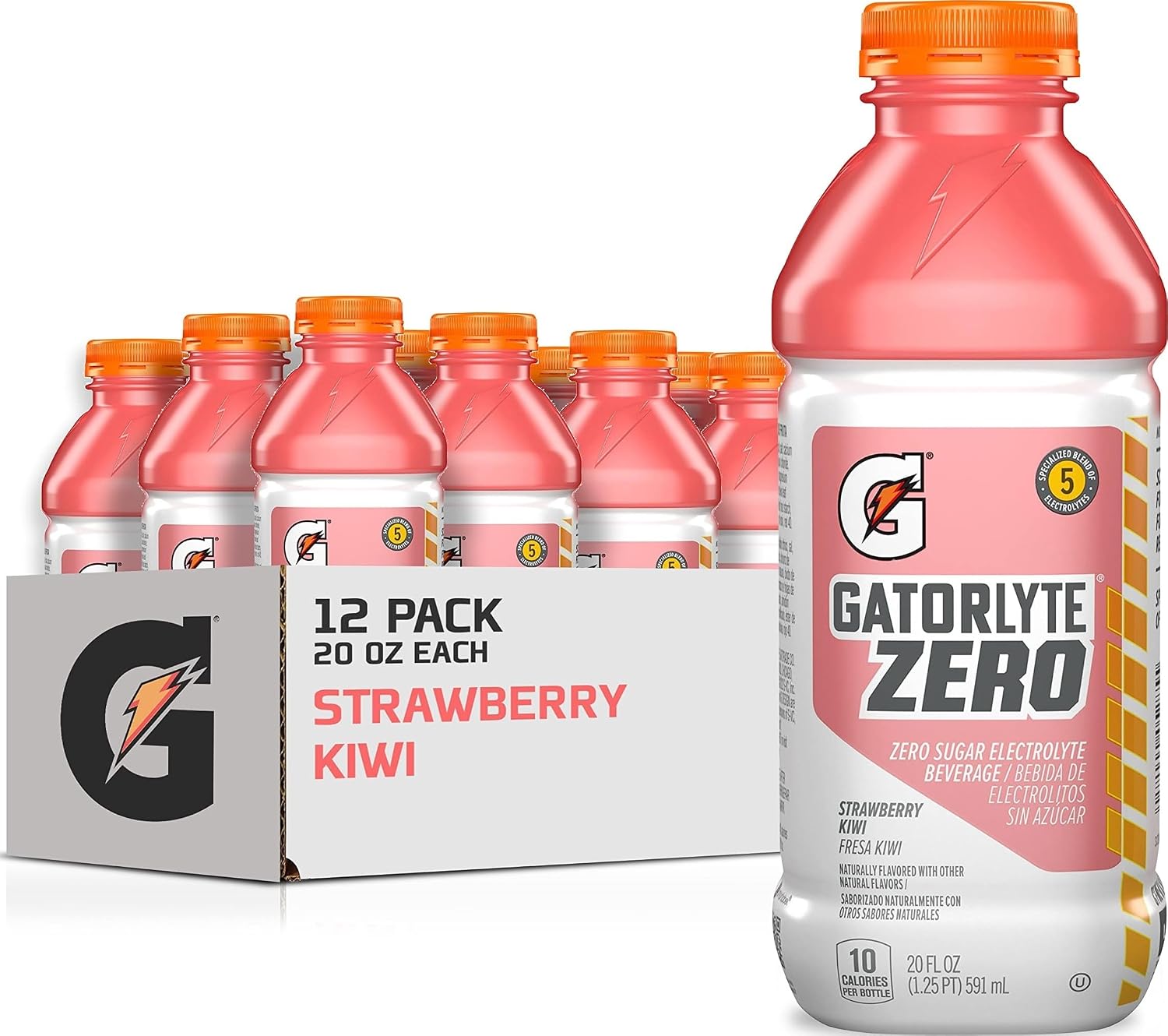 Gatorlyte Zero Electrolyte Beverage, Strawberry Kiwi, Zero Sugar Hydration, Specialized Blend of 5 Electrolytes, No Artificial Sweeteners or Flavors, 20 Oz Bottles (Pack of 12)