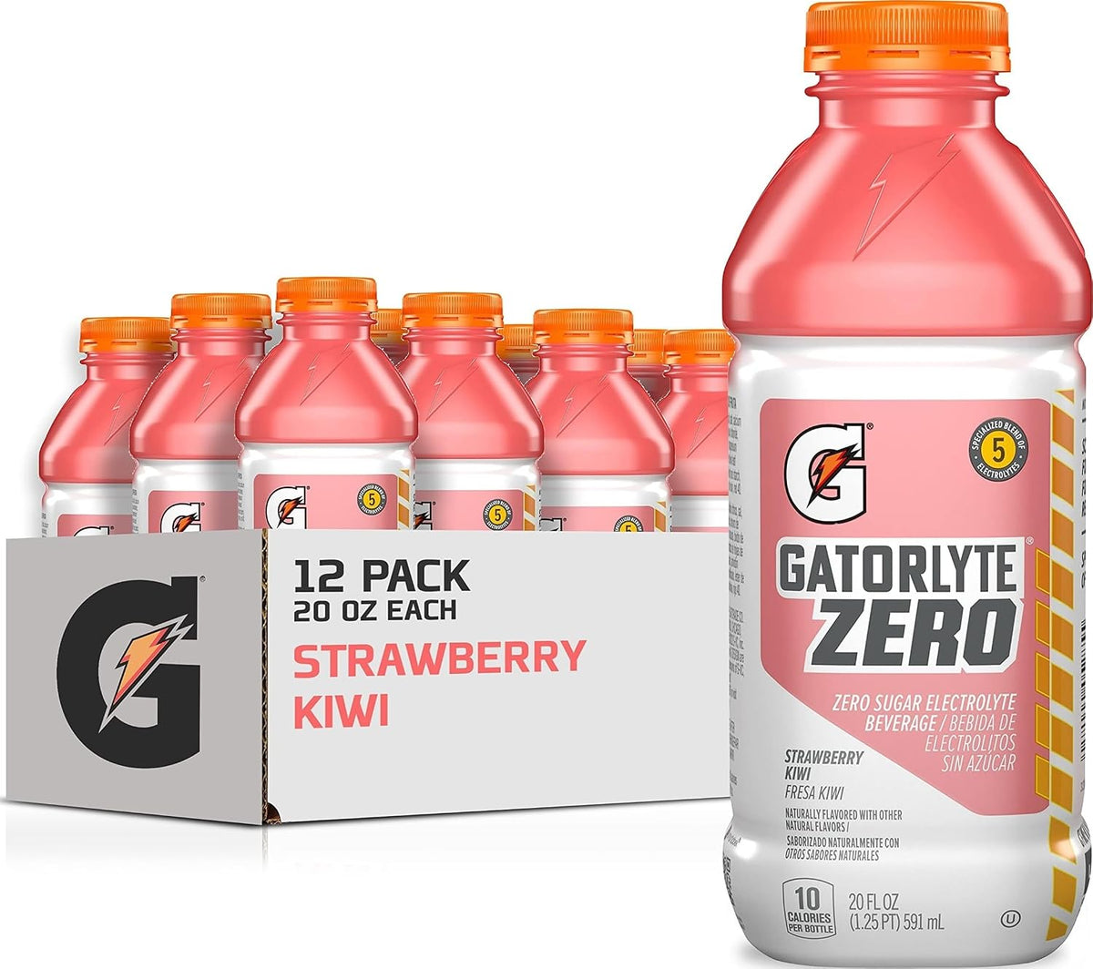 Gatorlyte Zero Electrolyte Beverage, Strawberry Kiwi, Zero Sugar Hydration, Specialized Blend of 5 Electrolytes, No Artificial Sweeteners or Flavors, 20 Oz Bottles (Pack of 12)
