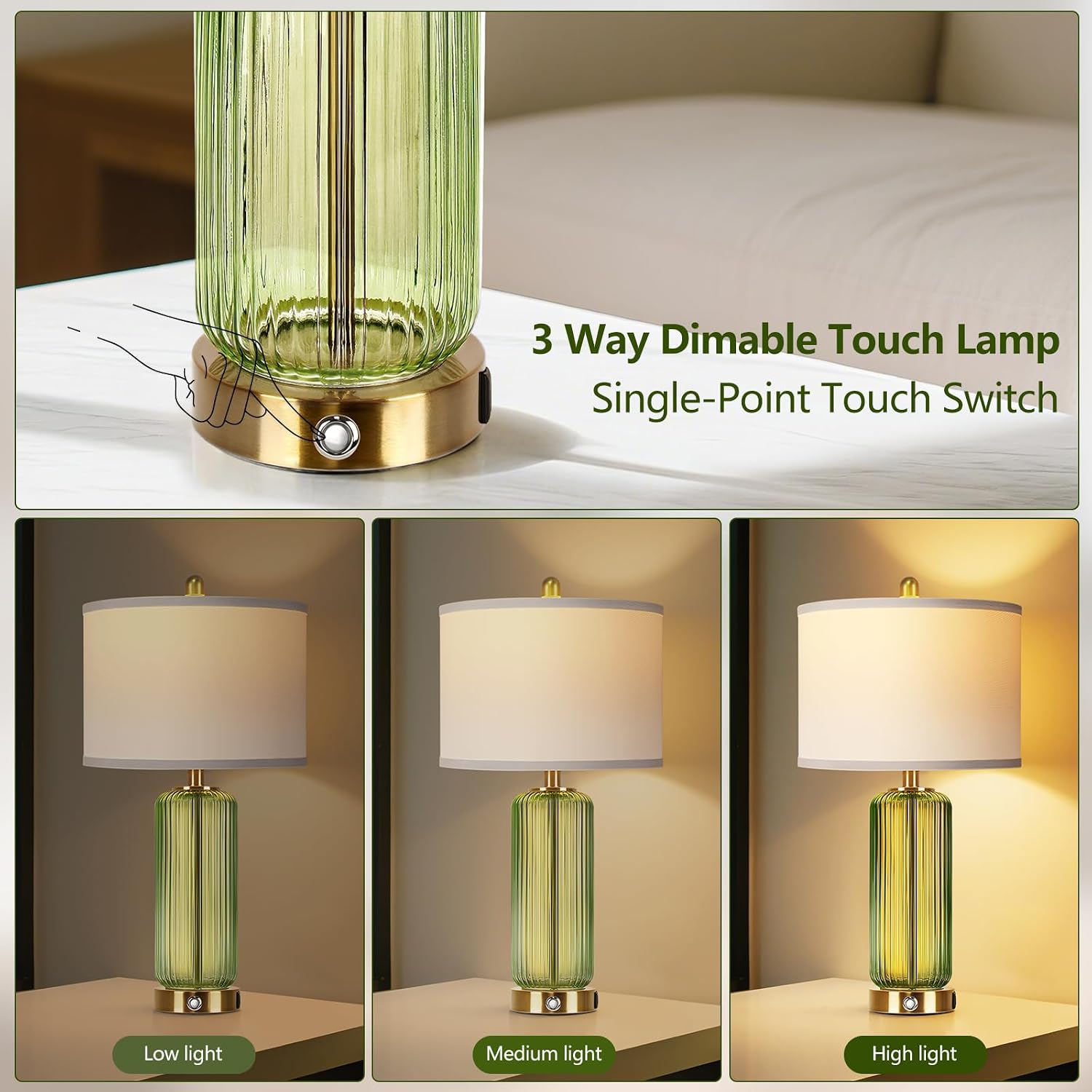 WIHTU 27" Touch Table Lamps, Modern Glass Beside Lamp with USB Ports, Green