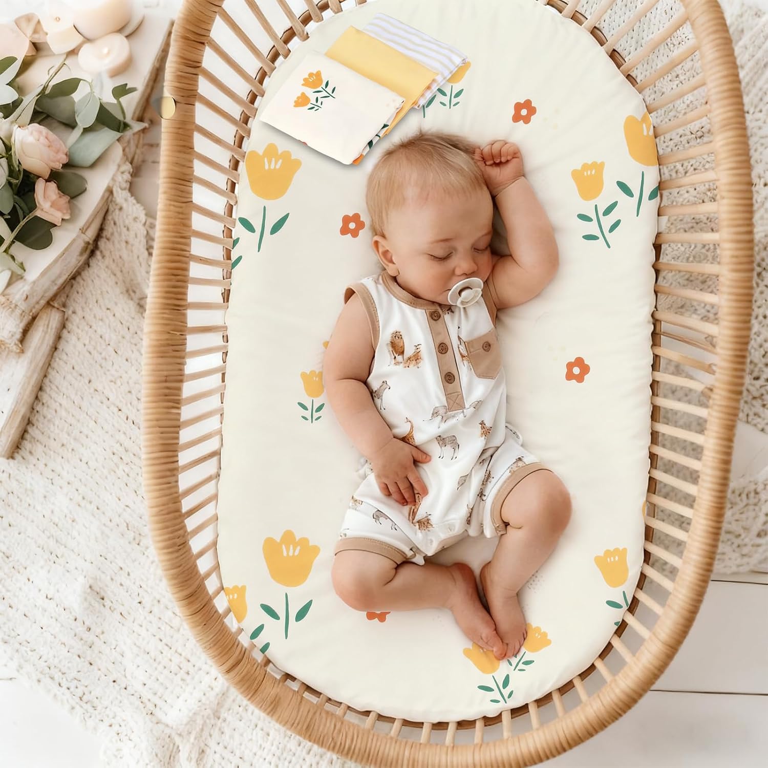 3 Pack Stretchy Bassinet Sheets 20" x 33" Compatible with Baby Delight, Angelbliss, Maxi-COSI & Most Regular Size Bedside Sleeper- Soft Breathable Fitted Bassinet Sheets for Baby - Yellow & Flower