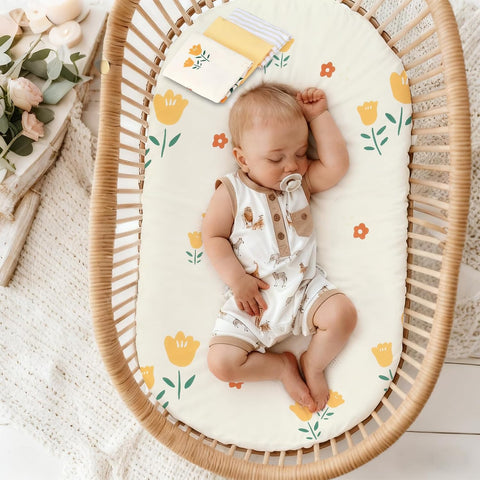 3 Pack Stretchy Bassinet Sheets 20" x 33" Compatible with Baby Delight, Angelbliss, Maxi-COSI & Most Regular Size Bedside Sleeper- Soft Breathable Fitted Bassinet Sheets for Baby - Yellow & Flower