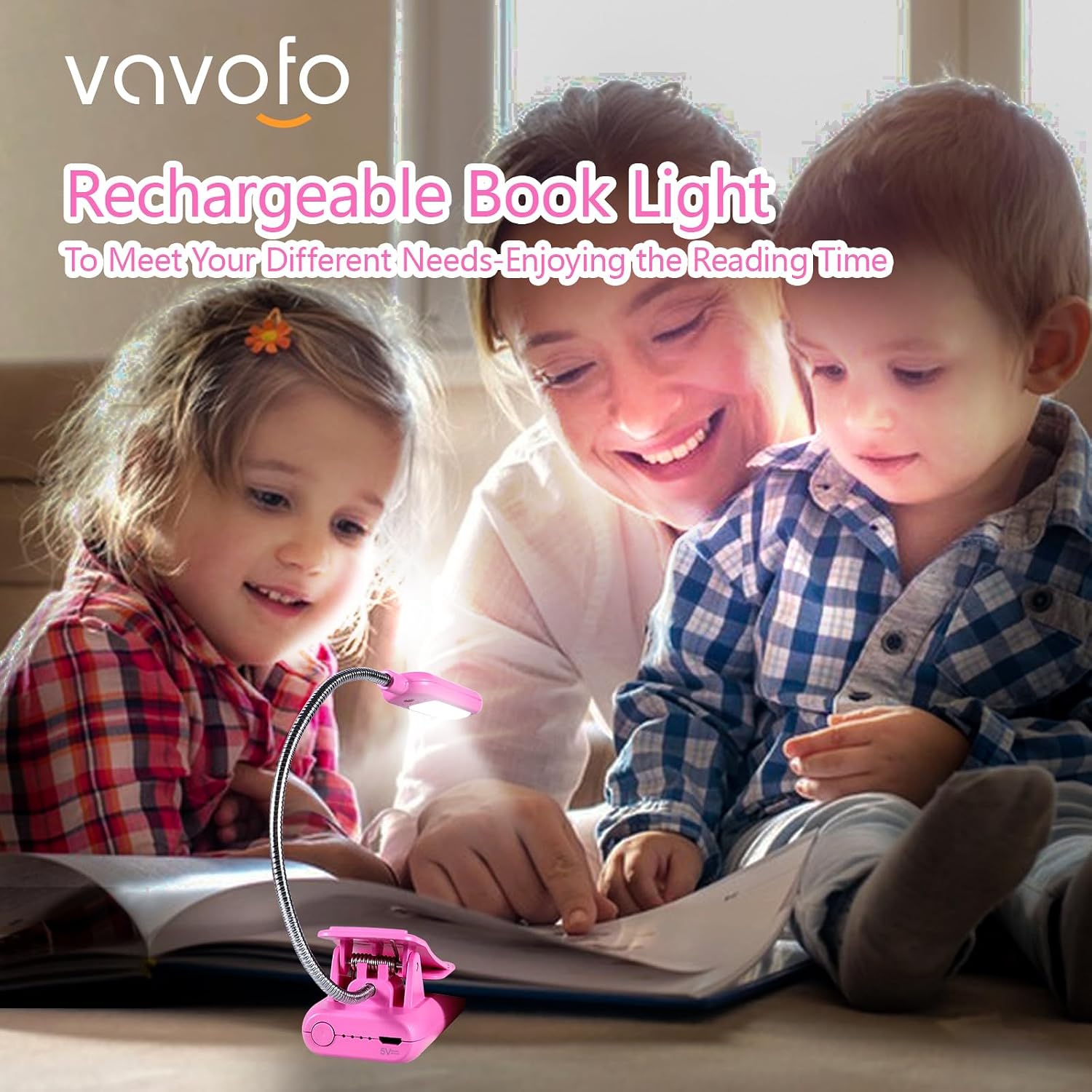 VAVOFO Rechargeable Book Light for Reading in Bed Kids, 7 LED Reading Light with 9-Level Warm Cool White Daylight, Eye Care Lamp with Power Indicator for Bookworms (Rose)