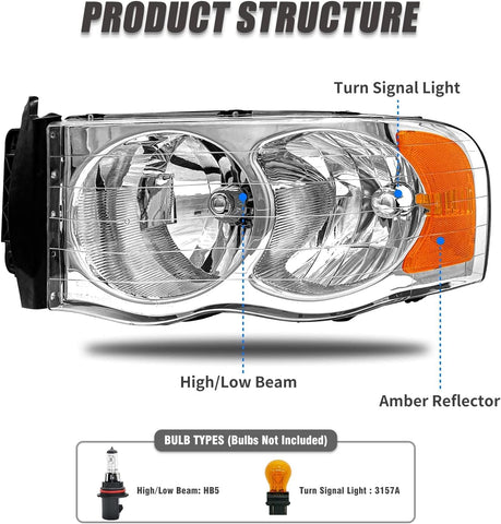 for 2002-2005 Dodge Ram 1500 & Dodge Ram 2500 Halogen Headlight