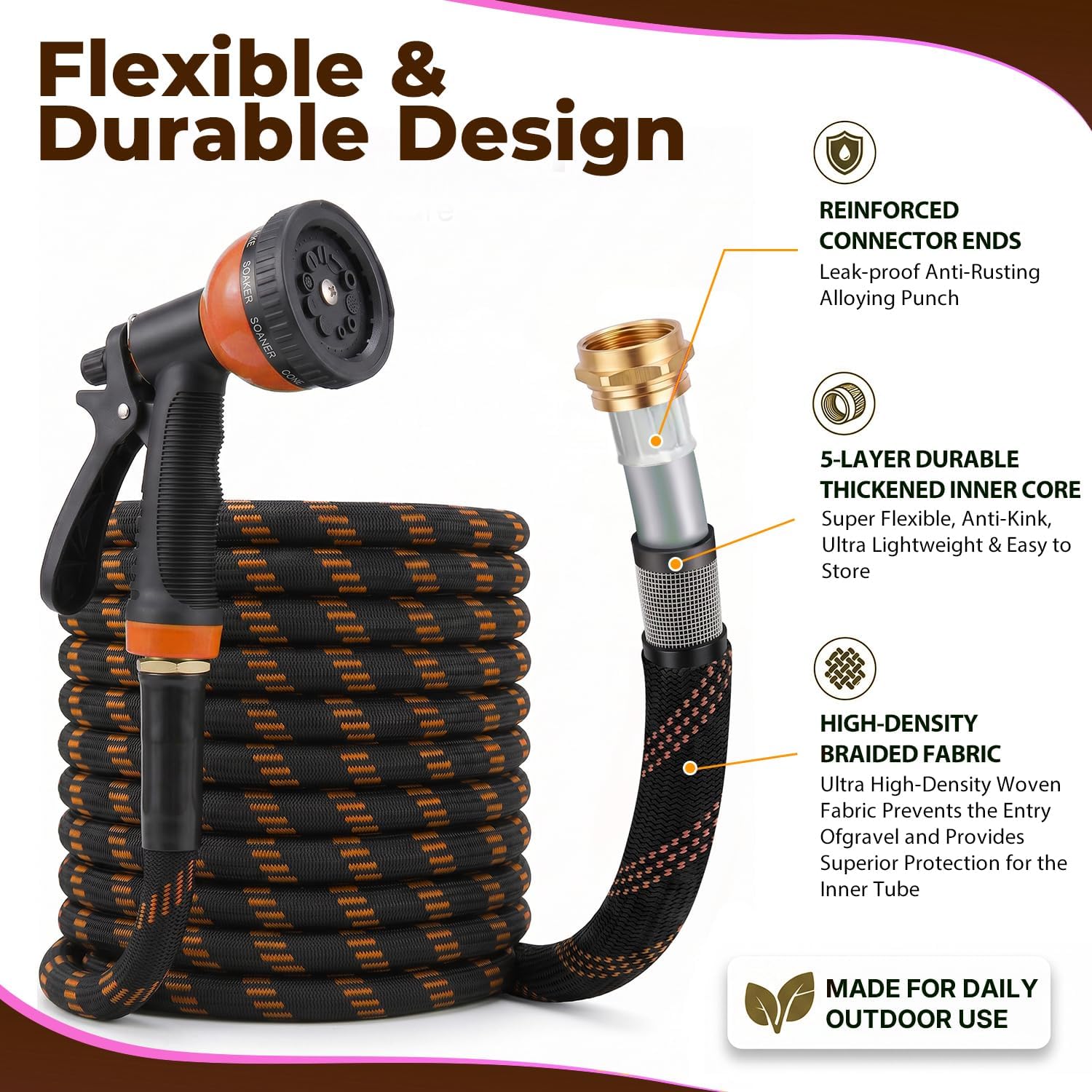 Garden Hose 50 ft, 2026 Upgraded Kink Free Flexible Water Hose 50ft With 10 Pattern Spray Nozzle, Leak-Proof, Portable, Ultra Lightweight & Durable Garden Hose for Yard, Lawn, Outdoor (Black & Orange)