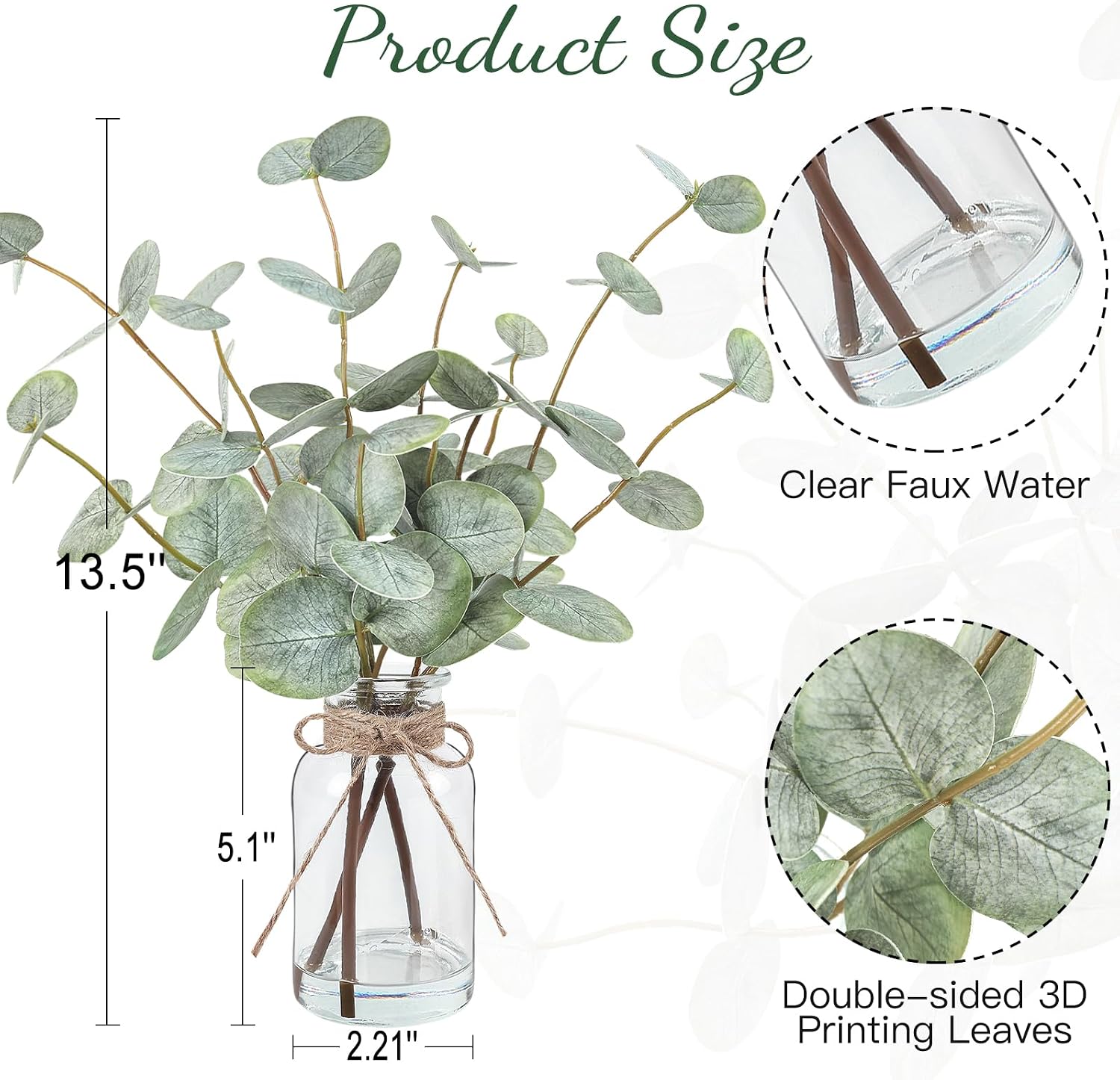 Bessol Artificial Eucalyptus Stems in Glass Vase with Faux Water, 13.5" Fake Plants for Home Decor, Coffee Table Centerpieces, Office, Bathroom & Farmhouse - Green Faux Plants Decorations