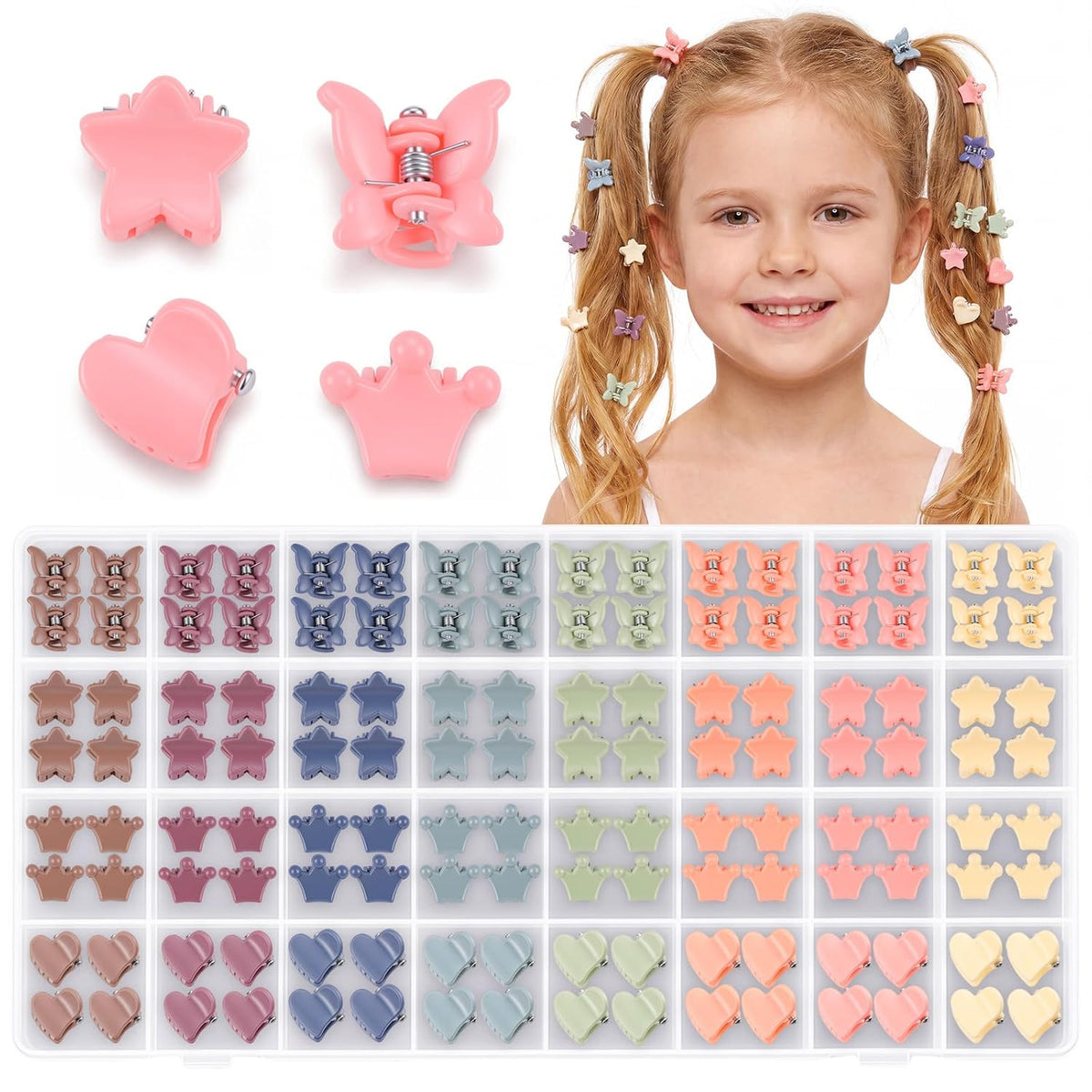 Obeoby 128 Pcs Mini Hair Claw Clips for Toddler Baby Girls Cute Accessories Little Butterfly Heart Star Crown Tiny Barrettes Holiday Birthday Gifts (4 Styles, 8 Colors)