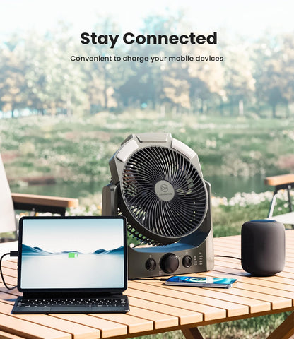 Camping Fan with LED Lantern, 8 Inch 10000mAh Battery Operated Desk Fan with Timer, High Velocity Stepless Speed Control, Quiet, 180° Rotation USB Portable Fan for Outdoor, Hurricane, Emergency