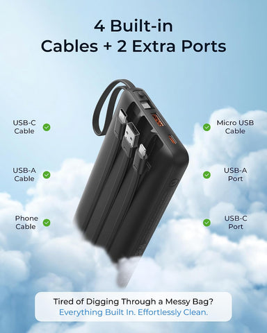 VRURC Portable Charger 4-Built-in-Cables 20000mAh Fast Charging Power Bank