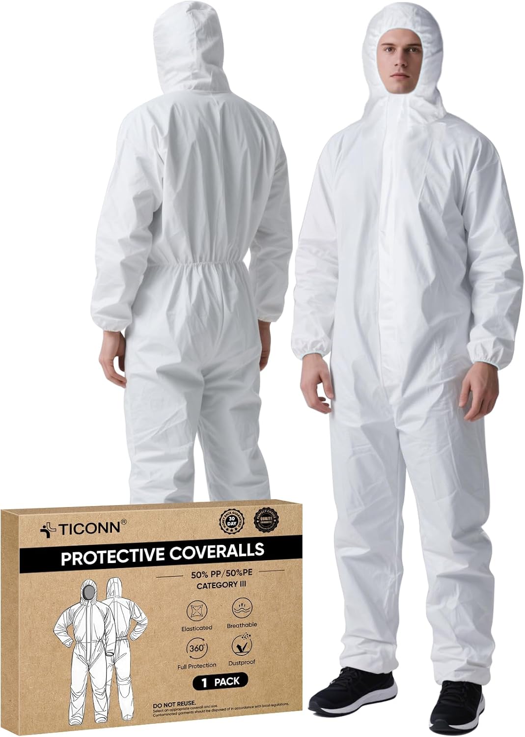 TICONN Hazmat Suit Disposable Coveralls, Full Body Lab Overall Paint Suit