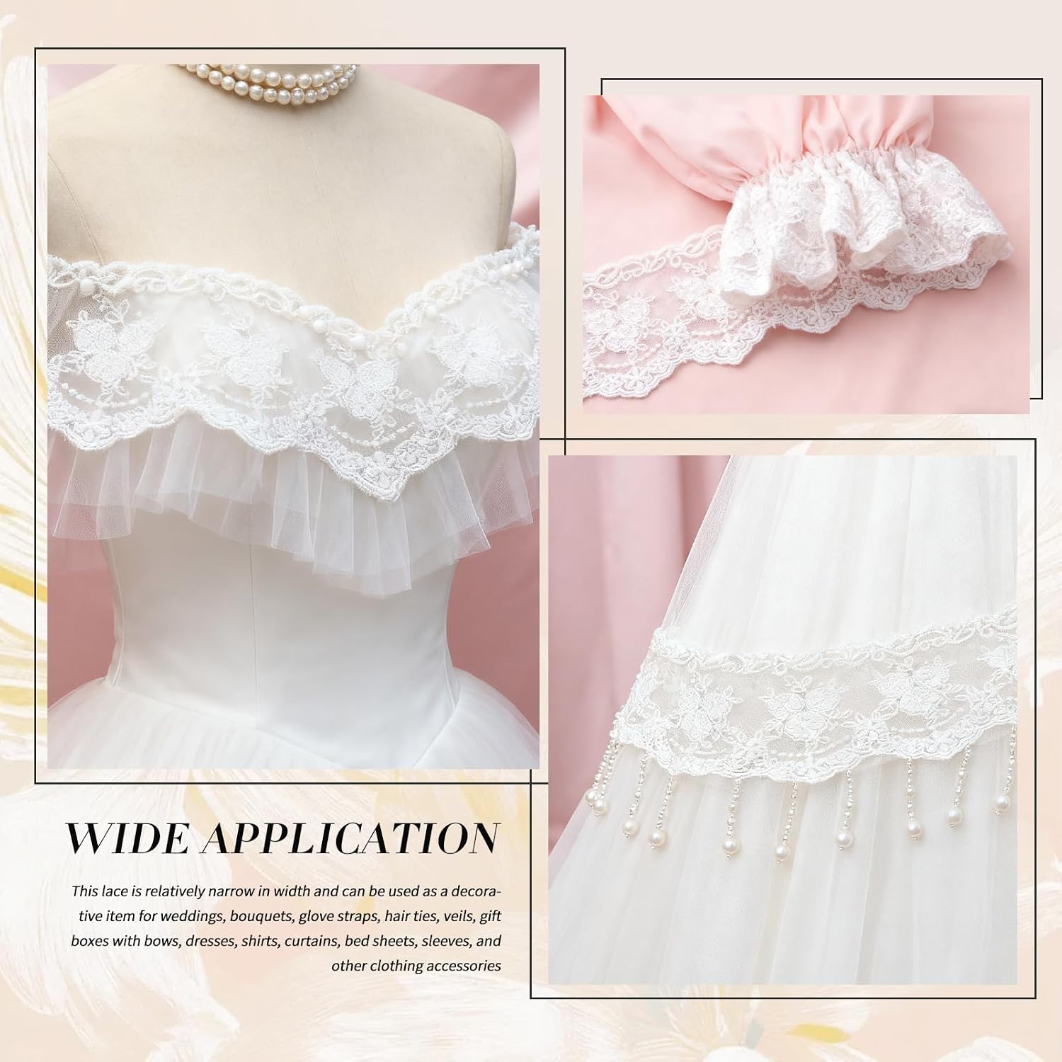 Lace Trim Ribbon, 3-Yard White Lace Ribbon, 3.3 Inch Width White Laces Trims Delicate Floral Pattern Ribbons for Crafts Sewing and Bridal Wedding Dress Applique Decorations
