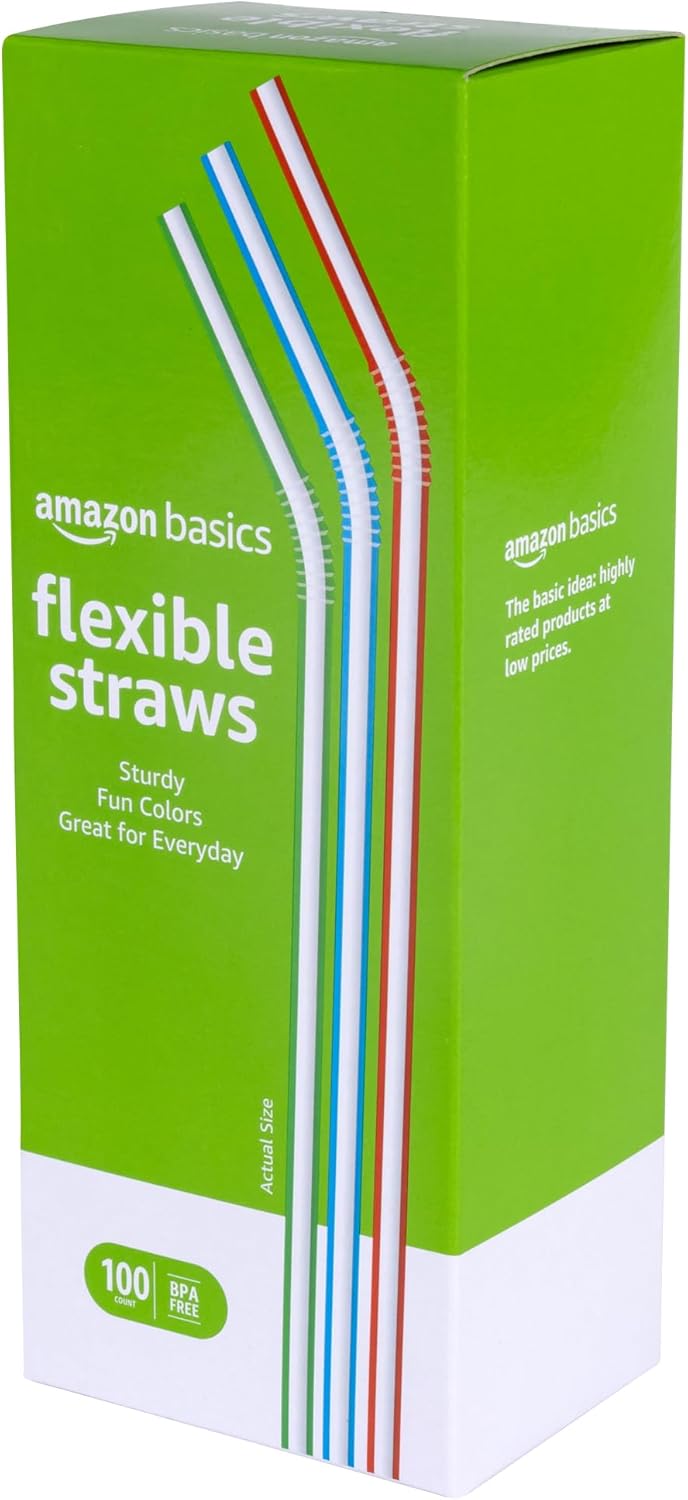 Amazon Basics Disposable Striped Plastic Flex Straws, BPA Free, Food-Safe, 7.5" Long, Assorted Colors, 100 Count