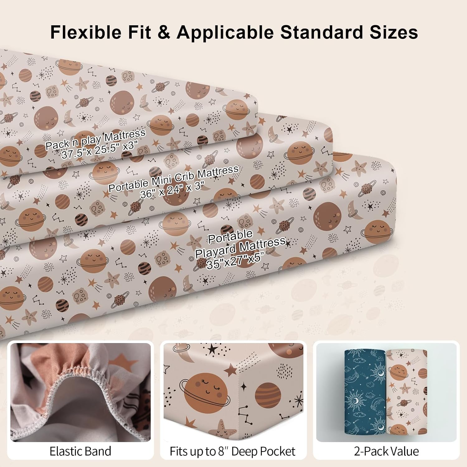 Pack N Play Sheets Fitted, 2-Pack Fit for Standard Pack N Play Mattress, Mini Crib Sheets,Breathable Soft Unisex Playard Sheets
