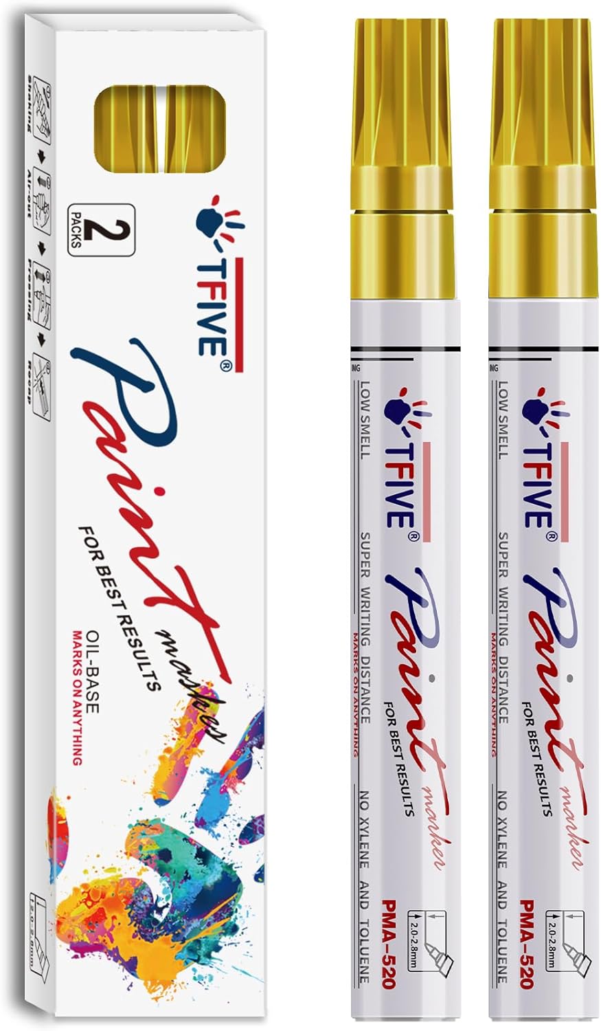 TFIVE Gold Permanent Markers Paint Pens, 2 Pack Oil Based Paint Markers