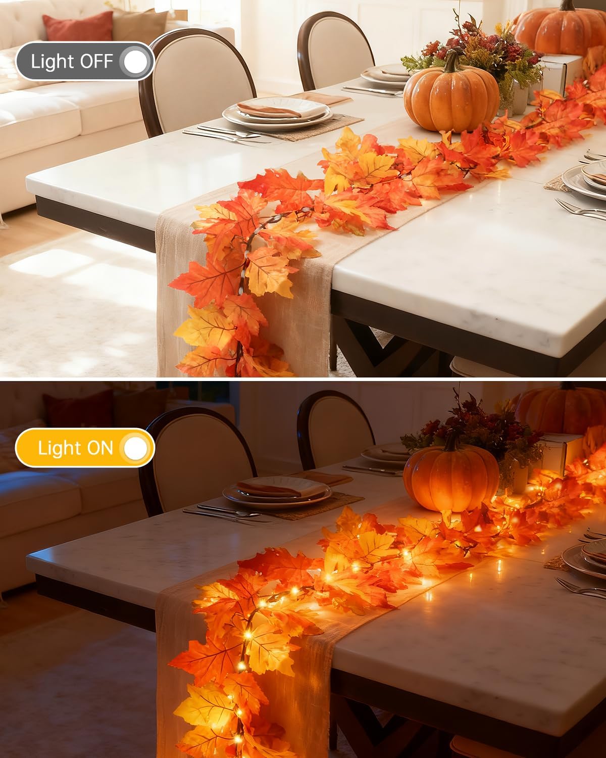 9.8FT 60LED Fall Garland with Lights, 8 Lighting Modes, Battery Powered Maple Leaves String Lights, Fall Decorations for Autumn, Thanksgiving, Halloween, Home Room, Indoor Outdoor
