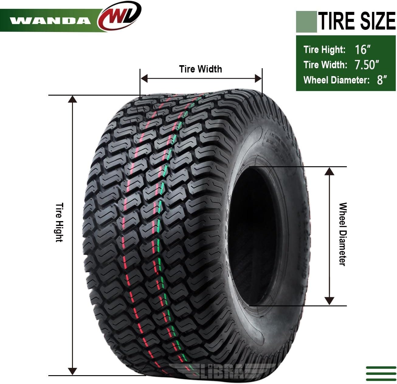 WANDA 16X7.5-8 Lawn Mower Tractor Cart Turf Tires 4 Ply 16x7.5x8 Set2-13020