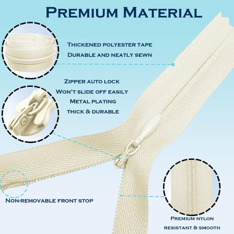 ANPURZII 2PCS #3 20 Inch Beige Invisible Zippers for Sewing Skirts, Nylon Coil Bulk Zippers for Pocket, Pillow(Beige 20" 2PCS)