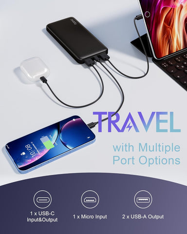 Miady 2-Pack Portable Charger, Slim 10000mAh Power Bank Travel Battery Pack 3 Outputs 2 Inputs Compatible with iPhone 17/16/15/14/13 Galaxy S24/22 iPad Android etc (Black+White)