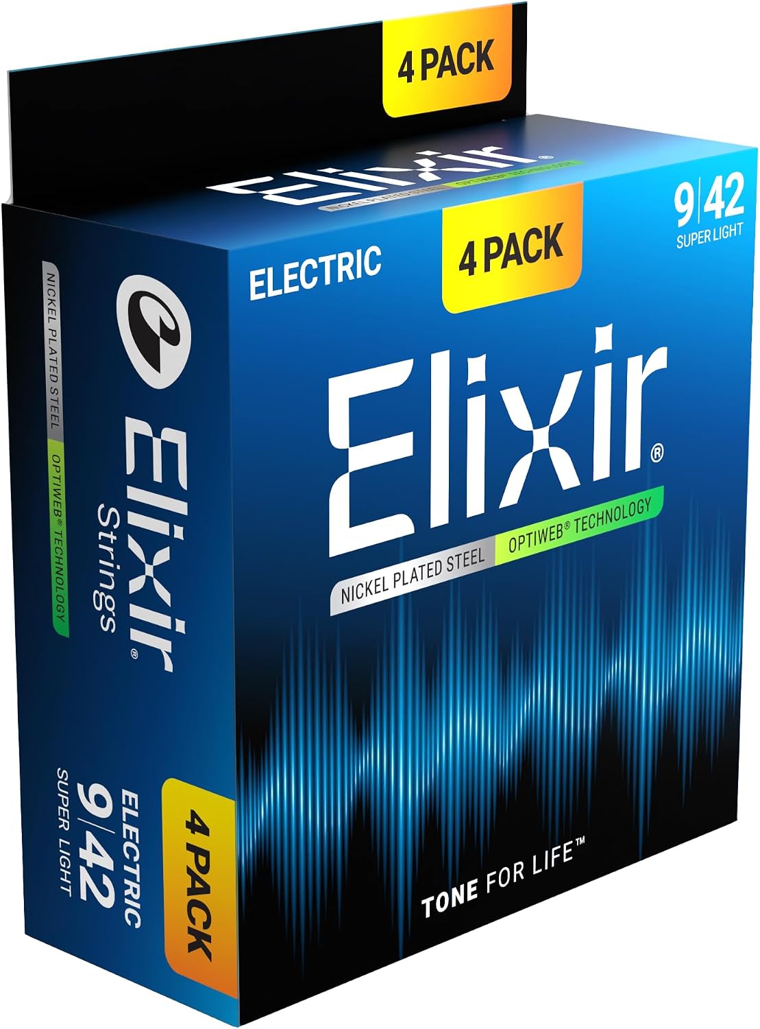 Elixir Strings, Electric Guitar Strings, Nickel Plated Steel with OPTIWEB Technology, Longest-Lasting Crisp Tone with Comfortable Feel, 4 Pack, Super Light 9-42