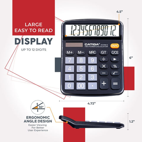 CATIGA 12 Digit Desk Calculator, Desktop Calculators with Large LCD Display & Big Buttons, Basic Simple 4 Function Solar Calculator, Dual Power Solar & Battery for School, Office & Home (CD-2786)