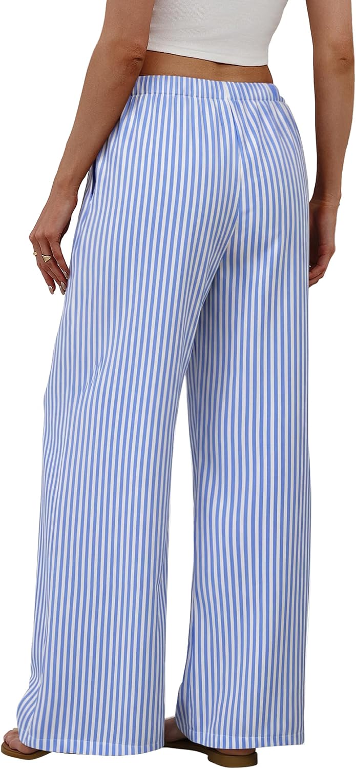 Sampeel Wide Leg Pants for Women Flowy Palazzo Drawstring Elastic Waist Trousers with Pockets Summer Beach Vacation Clothes