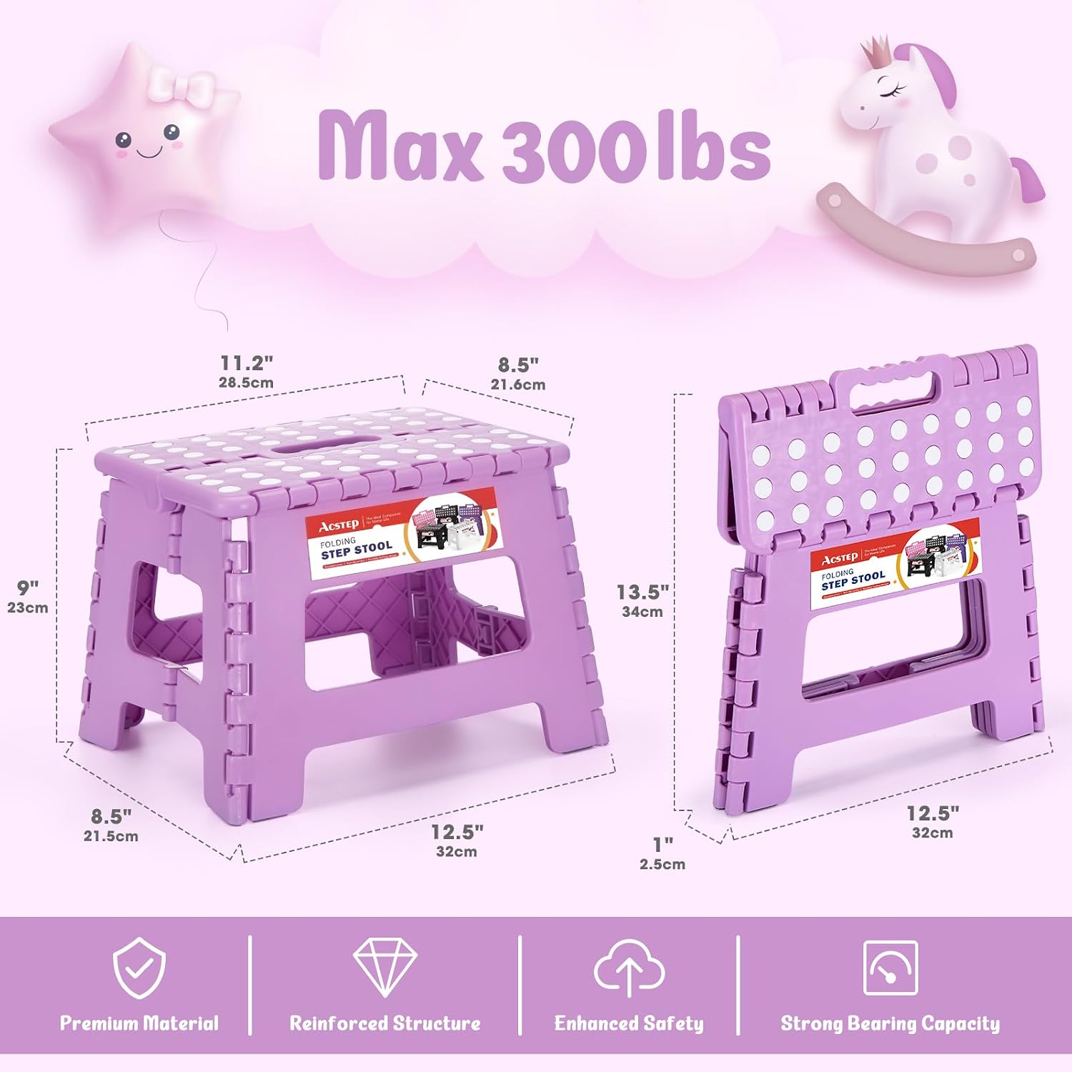 ACSTEP 9 Inch Foldable Step Stool for Kids, 300 lb, Light Purple