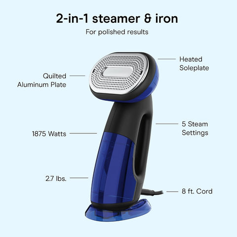Conair 2-in-1 Handheld Steamer and Iron for Clothes, Turbo ExtremeSteam 1875W Garment Steamer and Clothing Iron,Black / Blue