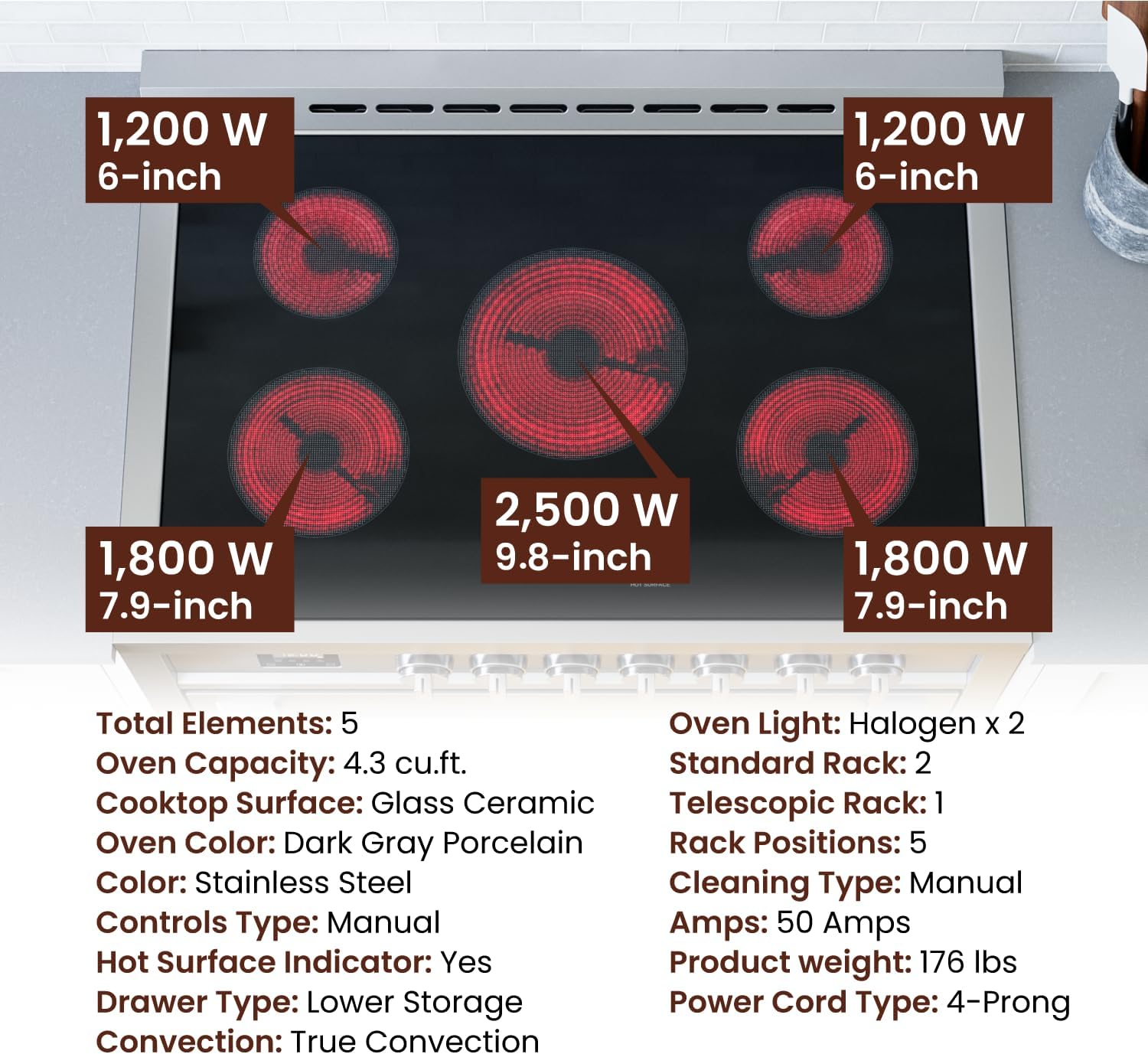 Rangaire RRE361TS 36" Electric Range Oven with Timer - Stainless Steel, Infrared Stove Burners, True Convection, Easy Reach Racks
