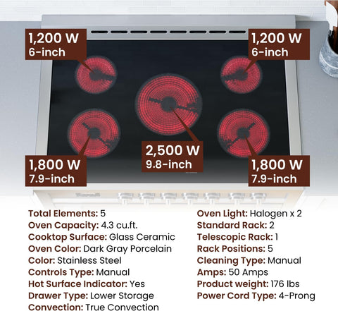 Rangaire RRE361TS 36" Electric Range Oven with Timer - Stainless Steel, Infrared Stove Burners, True Convection, Easy Reach Racks