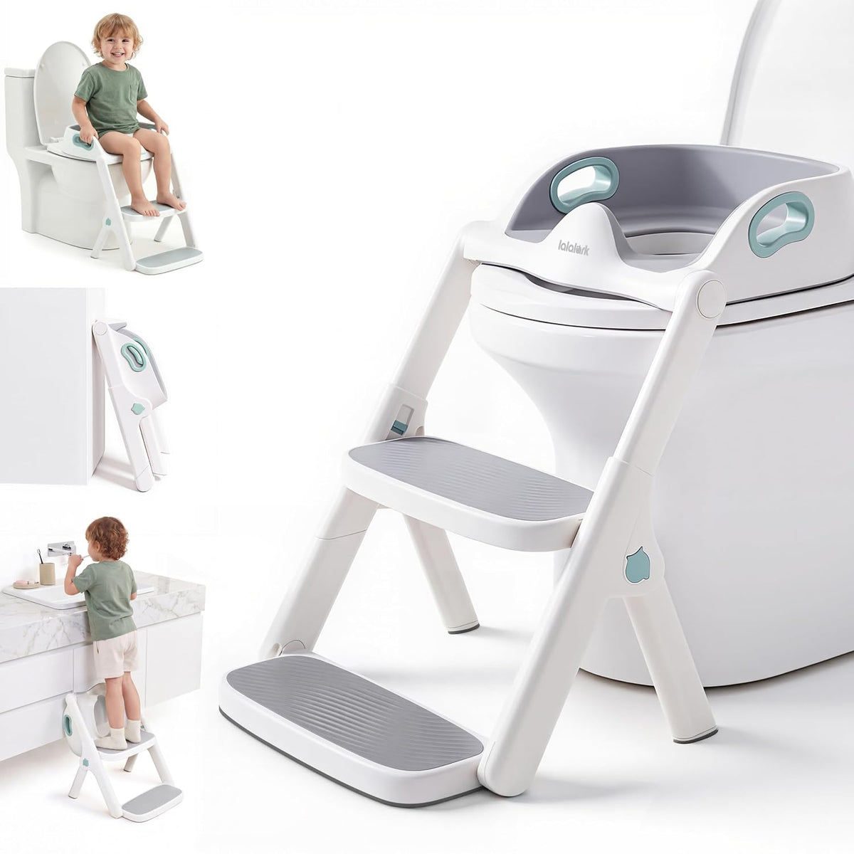 lalalark Potty Training Seat, 2-in-1 Toddler Toilet Seat with Steps, Upgrade Potty Step Stool for Toddler with Anti-Slip Pad Step Stool, Extended Splash Guard, Foldable Potty Ladder Boys Girls, Green