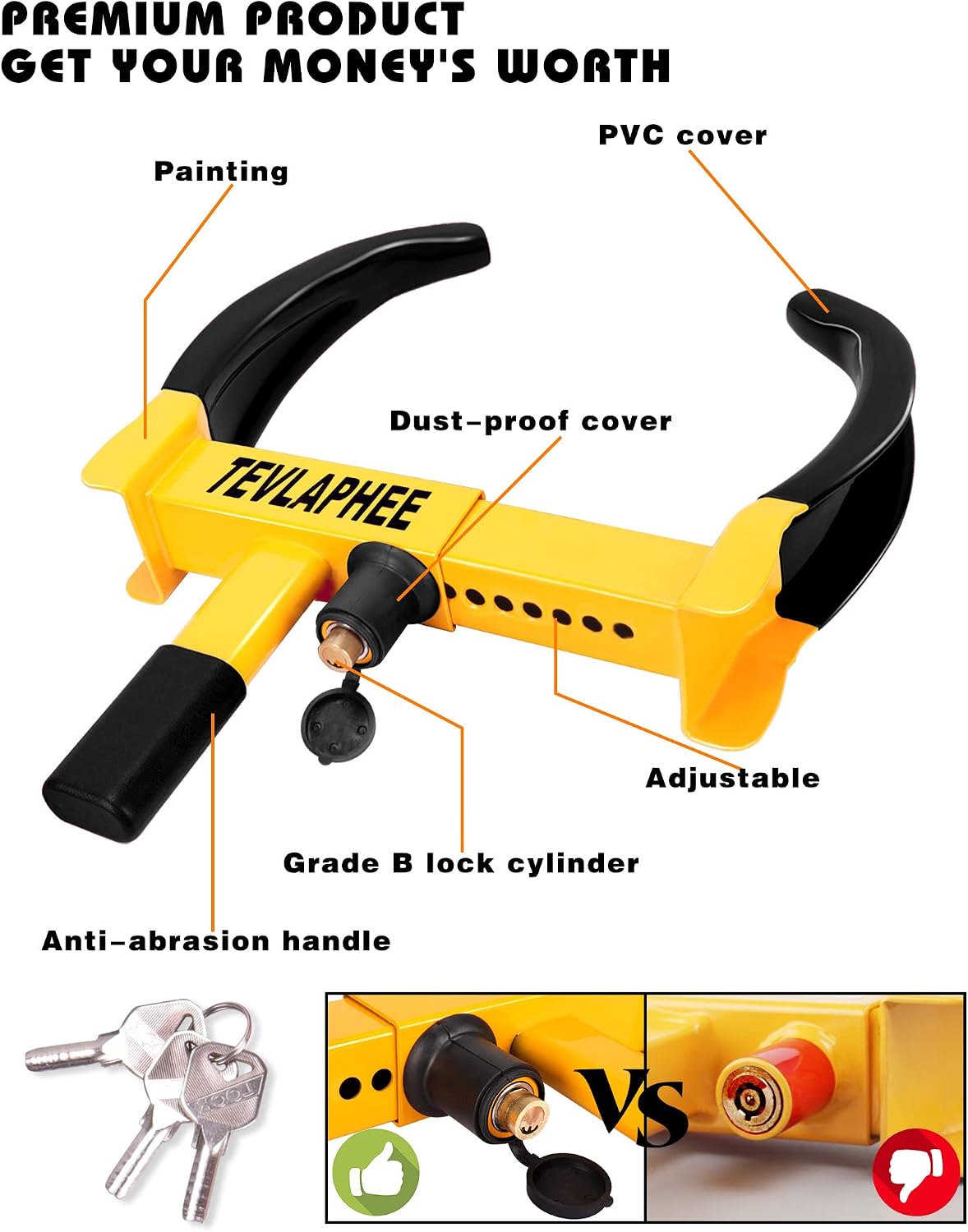 Tevlaphee Universal Wheel Lock Heavy Duty Security Trailer Wheel Lock Anti Theft Wheel Locks for Cars SUV Camper Motorcycle Trailer Great Deterrent Bright Color with 3 Keys (Red-Yellow)